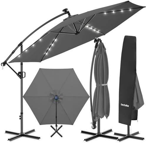 tectake® Ombrellone da Giardino 3,5x3,5 m, Ombrellone a Braccio Girevole 360°, Strisce Led Energia Solare, Protezione UV 50+, Idrorepellente, Inclinabile, Base in Acciaio a Croce, Manovella - Grigio