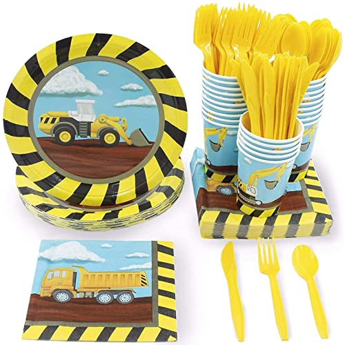 Juvale Under Construction Disposable Dinnerware Set - Serves 24 Round Paper Plates, Napkins & Cups in Yellow, Black & Blue - Construction Birthday Party Supplies for Boys & Disposable Party Tableware
