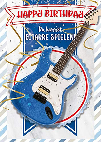 bentino Tarjeta de cumpleaños para niños con guitarra para jugar tú mismo, juegos en la guitarra la canción Happy Birthday, juego DIN A4 con sobre, tarjeta de felicitación con música