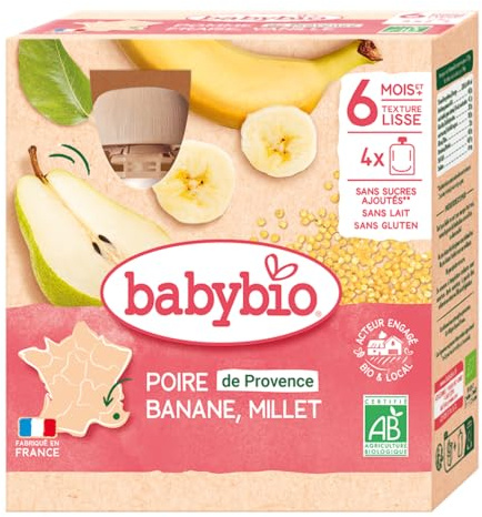 Babybio - Gourdes Fruits - Poire de Provence Banane Millet 4x90 g - 6+ Mois - BIO