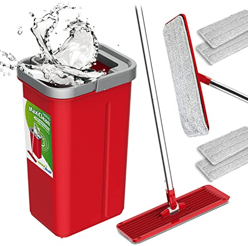 Green Blue GB870 MaxiClean Platt Moppset Med 2 i 1 Rengöringshink 5,7L Moppset Golvtorkare Mopp Rengöringssystem Renare 360° Roterande Mopphuvud (Platt mopp och hink set + 4 x reservskydd)