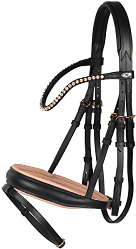 Marengos - Trensenzaum Comfort Rosé – Trense aus Leder – Reithalfter mit geradem Genickstück mit Ohrenfreiheit – Zaumzeug mit Zügel – Größe Warmblut – Pferde Zubehör in Schwarz