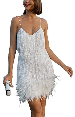 ECDAHICC Women's Flapper Dress Sequins Fringe Strappy Dress Gillter 1920s Gatsby Feather Club Bodycon Mini Dresses (WH,S)