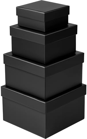 Winter Shore Schwarze Geschenkbox mit Deckel (4er-Pack) - Geschenk Karton Klein & Groß in 4 Verschiedenen Maßen für Blumen, Hochzeit, Weihnachten, Geburtstag - Geschenke Box aus Dickem, Mattem Karton