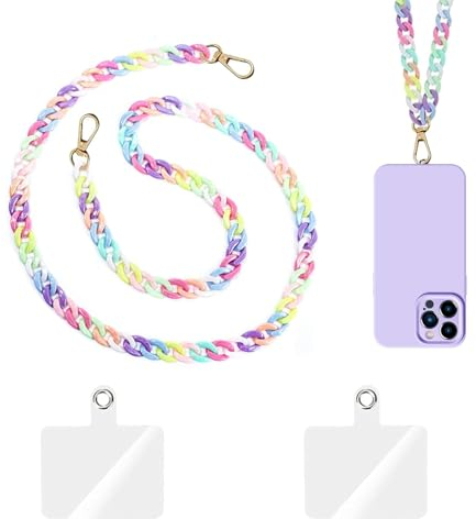 Cordón Universal para Teléfono Móvil con 2 Parche, 120 cm Cadena de Acrílico Colorido, Cuerda Colgar, Colgante para Movil, Compatible con la mayoría de los teléfonos Inteligentes para Estuches
