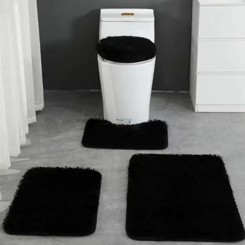Huniupore 4 Piece Non Slip, Toilet Lid Cover and Contour Mat, Bath Mats Shower Mats Bath Rug Mat for Tub Toilet Bathroom (Black)