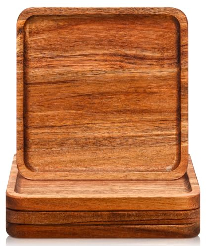 Roshtia 4 Pcs Wooden Plates Square Acacia Wood Charcuterie Board Wedding Dinner Serving Tray Charger Appetizer Kitchen Platter Cheese Steak Tableware Gift for Snack Dessert Salad Fruit (8 Inch)