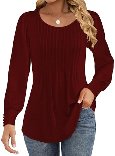 Cuptacc Long Sleeve Tops Women Pleated Crew Neck Blouse Oversized Tunic Puff Sleeve With Button Supersoft Ladies Tops For Women Uk Wine Red L UK 14