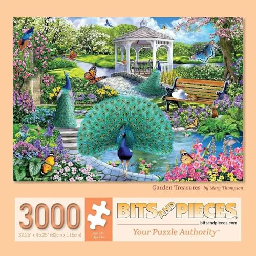Bits and Pieces - 3000 Piece Jigsaw Puzzle for Adults - 32-3/8 x 45-1/4 - Garden Treasures - 3000 pc Colorful Birds Peacocks Jigsaw by Mary Thompson