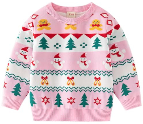 Fandecie Jersey Navideño Niño Niña,Cuello Redondo, Suéter de Punto con Reno Puro, Papá Noel Algodón 2-7 Años