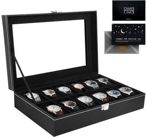 KIMIGO Scatola Porta Orologi,Porta Orologi Uomo e Donna,Scatola per Orologi con 12 Scomparti,Cofanetto Portas Orologi con Serratura Fibbia in Metallo,Scatola Portaorologi per Regali di Festa