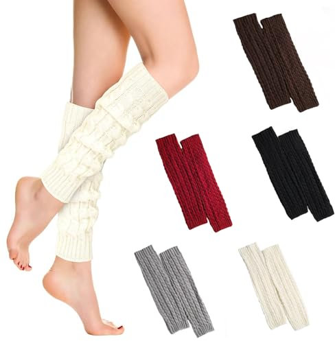 Taechalingo Beinwärmer Damen,5 Pcs Stulpen Winter Beinwärmer,Dicke Gestrickte Beinstulpen,Beinstulpen Damen Set,Gestrickte Stulpen Damen(Rot,Schwarz,Weiß,Grau,Braun)