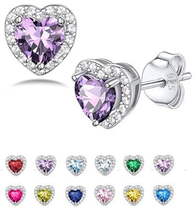 Seleneva Birthstone Stud Earrings for Women Sterling Silver Dainty Earring Crystal Zirconia Stud Earrings Birthday Christmas Valentine's Day Jewellery Gifts for Mum Sisters Girlfriend (Feb.)