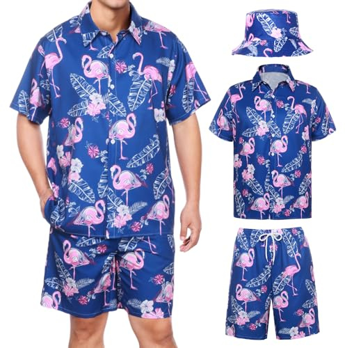 Joyesplay Camisa hawaiana para hombre, 3 piezas, traje hawaiano para hombre con camisa de flamenco, pantalones cortos, sombrero de pescador, camisas hawaianas para verano, playas, fiestas en la