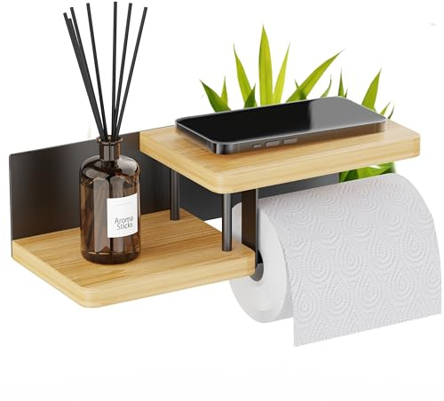 Hovea - Support Papier Toilette Mural - avec ou sans Perçage - Porte-Papier Toilette en Bois & Métal - Distributeur Rouleau Papier WC PQ - Noir & Bambou - PPT130