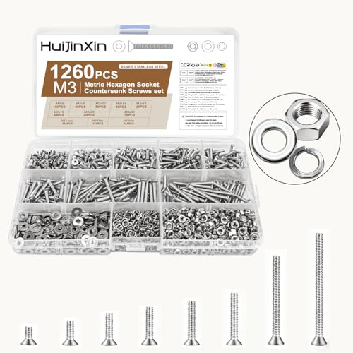 1260 Stück M3 Schrauben Set, Edelstahl Senkkopfschrauben Muttern Set, Metrisch Flachkopfschrauben Innensechskant Schrauben mit Muttern Sets mit Unterlegscheiben, Senkkopf Gewindeschrauben (1260, M3)