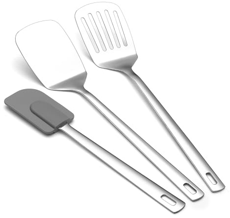 Set di Spatole in Acciaio Inox 3 pezzi, Berglander Spatola in Metallo Solida, Forata e Flessibile Robusta e Resistente, Utensili da Cucina per Pentole Antiaderenti