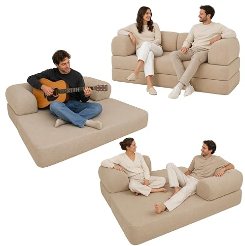bananair - Divano 2 Posti Prodotto in Francia - Divano Letto Modulare in Schiuma ad Alta Densità e Tessuto in Velluto a Coste - Design Innovativo Boneless Couch, Spedito Compresso (Beige)