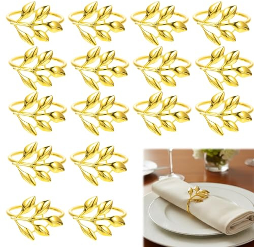 16PCS Gold Napkin Rings, Set Metal Leaf Fall Napkin Rings,Grace Design for Christmas, Gold Leaf Napkin Buckles for Thanksgiving, Table Decoration, Daily Use,Special Occasions