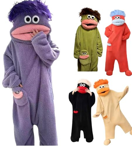 Funny Silly Onesie Adult Pajamas Ultra Soft Plush Hooded One-Piece Soft Fabric Long Sleeves Loungewear Fun Cozy Relaxing Cute big mouth monster Green Plush Monster Pajamas Cozy Sleepwear