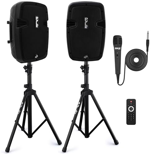 Pyle Altavoz autoamplificado Bluetooth, 8”, PA, Profesional, 700W, Activo, Pasivo, Exteriores, USB/SD/MP3 aux, Pack de 2, Tripodes, Karaoke, Microfono, Control Remoto, Color Negro