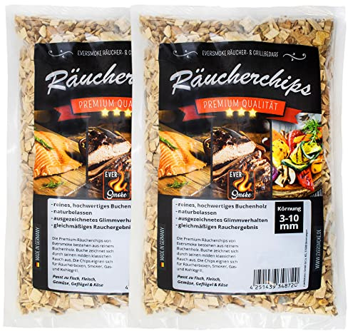 EVERSMOKE Premium Räuchermehl & -Chips aus Buchenholz I 1kg I Verschiedene Körnung (Chips 0,3-10,0mm (2X 500g))