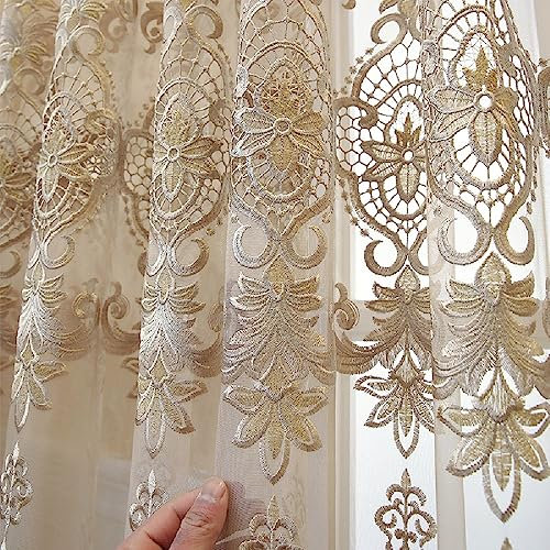 Amidoudou 1 Pair European Embroidered Jacquard Sheer Curtains Luxury Beige Elegant Tulle Curtains for Bedroom Living Room (Gold,66 x 90 Inch)