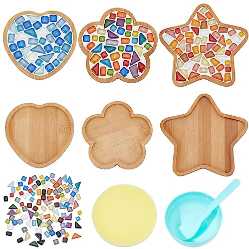 WEBEEDY 3 set di piastrelle di vetro kit mosaico sottobicchiere kit con base in bambù piastrelle di mosaico in vetro fai da te kit per bevande decorazioni per la casa regali