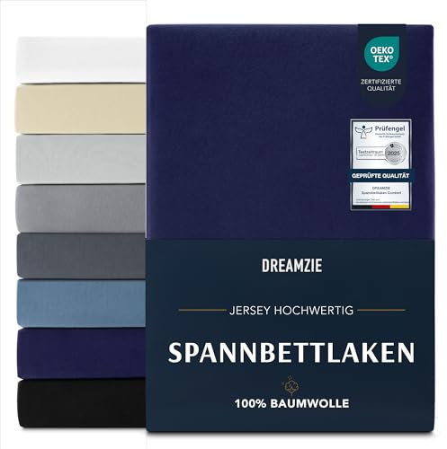 Dreamzie Premium Spannbettlaken 140x200 cm, Spannbetttuch für Dicke Matratzen bis zu 22 cm, Bettlaken 100% Jersey Baumwolle, 150 g/m², Oeko-TEX Zertifiziert - Dunkelblau