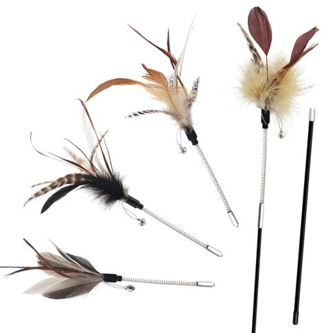 SONGWAY Cat Feather Wand Toy - Cat Teaser Toy Wand with 4 Flexible Spring Feather Refills, Interactive Cat Toys for Indoor Cats Kitten