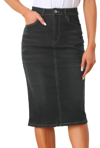 Allegra K Mujer Falda Vaquera Informal Cintura Alta Elástica Midi Negro L