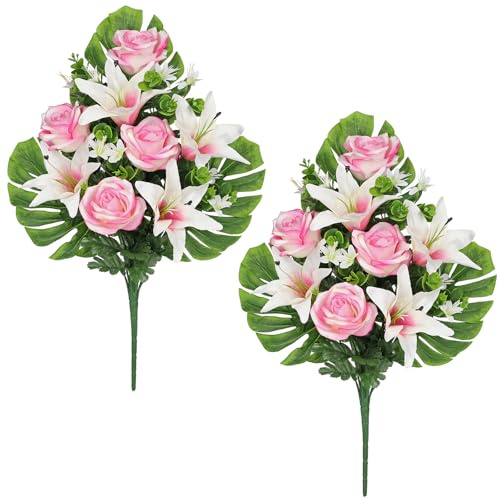 Oairse set om 2 konstgjorda gravblommor gravdekorationer med konstgjorda krysantemum och liljor, uppläggningar, konstgjord blomma, gravdekoration för gravdekoration, kyrkogård, kyrkogård, dekoration,