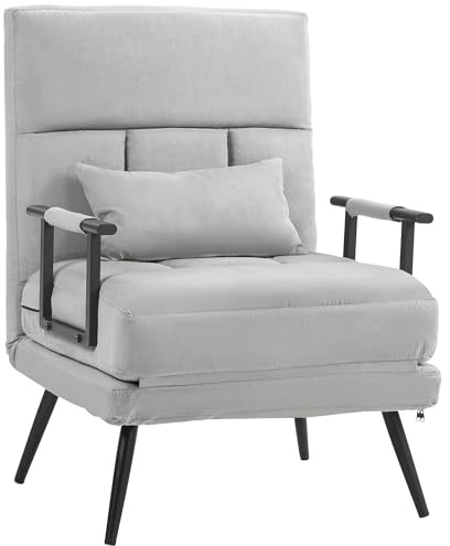 HOMCOM Poltrona Letto Singolo 3 in 1 con Cuscino e Schienale Regolabile in 5 Posizioni, Poltrona Pieghevole per Camera da Letto, in Acciaio e Poliestere, 71x71x97 cm, Grigio Chiaro