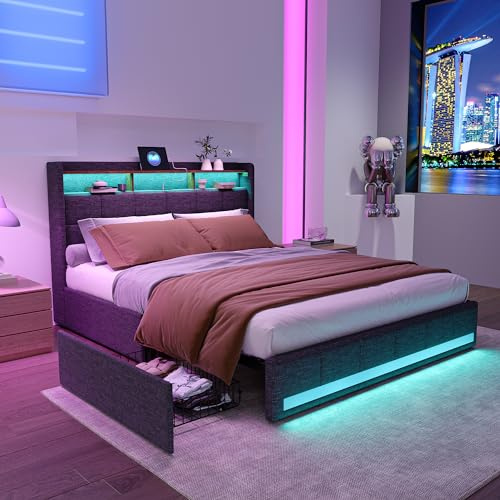 Lit double rembourré, 140 x 200 cm, avec tête de lit LED et port USB, lit rembourré, avec 4 tiroirs, dossier et sommier à lattes, avec espace de rangement et sommier à lattes, gris lin, 140 x 200 cm