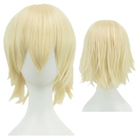 FOUNSHO Anime Parrucca Bionda per Uomo Donna, 12 Inch/30 cm Adulti Cosplay Parrucca Corta Lisci da Uomo Anni '70 '80 Costumi Parrucca Corta Capelli Parrucca per Halloween Festa (Biondo)