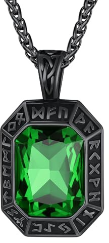 ChainsHouse Pietra Smeraldo Collana Agata Colorata Taglio Diamantato Bordi delle Rune Vichinghe Collana Uomo Acciaio Collana Metallo Vintage Non sbiadisco Antiallergico
