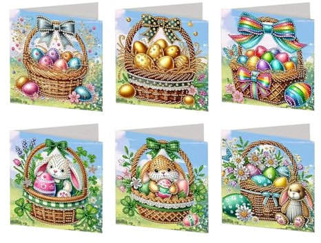 Nexoria Diamond Painting - Lot de 6 cartes de peinture diamant avec enveloppe - Peinture diamant - Pour le printemps et Pâques - Cartes d'anniversaire de Pâques - Kit de bricolage pour décoration de