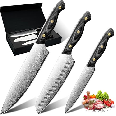 Purple Dragon Damast Kochmesser 3er Set - Santoku Messer Set mit VG10 Kernen – Damast Küchenmesser mit Ebenholzgriff für Fleisch, Gemüse und Obst –Geschenk für Männer und Frauen