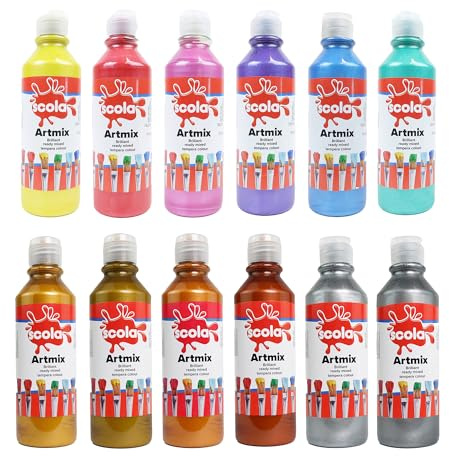 Scola Readymix Water Based Tempera Paint, 12 Pearlescent/Metallic Colours, 300ml Bottles, Safe Non-Toxic Poster Paints, Craft Projects, Suitable for 3+