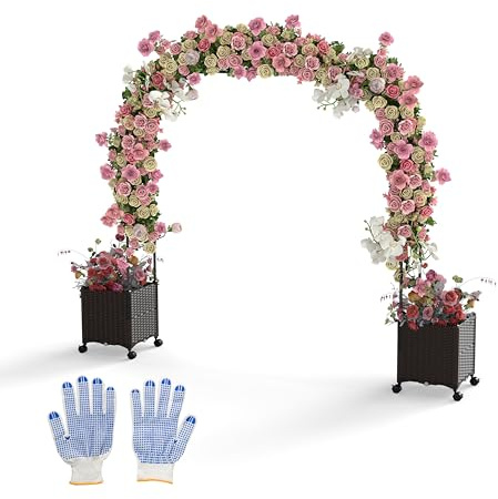 COSTWAY Arco da Giardino, Pergolato per Piante Rampicanti con 2 Fioriere, Sistema di Autoirrigazione, Fori di Drenaggio e Ruote Bloccabili, Decorazione per Matrimoni