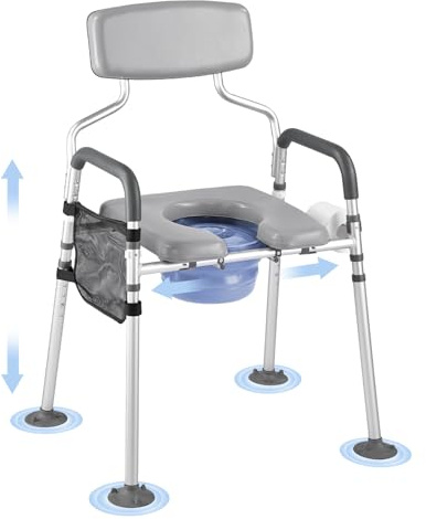 VEVOR Nachttoilettenstuhl 227 kg belastbar, Toilettensitzerhöhung mit gepolsterter Sitzfläche & Rückenlehne, abnehmbarer 5 L Eimer, Toilettenstuhl (Höhe und Breite einstellbar) für Erwachsene