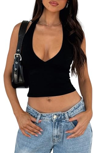 Kukeyiee Women Sexy Crop Tops Sleeveless Deep V Neck Workout Tops Casual Cropped Tank Top (Black-88,M)