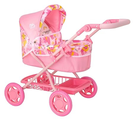 BabyBoo Junior Roamer Doll's Pram | Single Pushchair With Detachable Carry Cot | Includes Adjustable Hood & Under Seat Storage | Travel System In Pink Jungle With Adjustable Handle Height | 3+