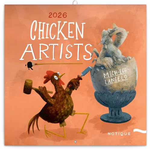 NOTIQUE Calendario da parete 2026 Chicken Artists, calendario mensile con opuscolo, calendario 30 x 30 cm (30x60 aperto)