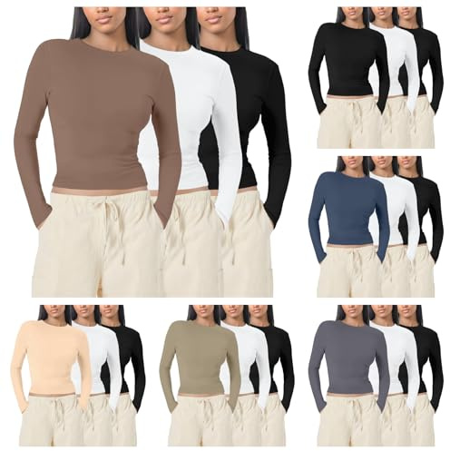 Nlaayong Lot de 3 Hauts Décontractés pour Femmes Top Moulant pour Femmes T-Shirts Moulants à Manches Longues Tops Basiques Couleur Unie T Shirt