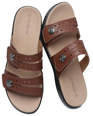 TETSUO Brown Sandals Womens Flat Dressy Summer Open Toe Walking Sandal Arch Support Comfortable Slide Sandals Adjustable Strap Slip On Ladies Sandals