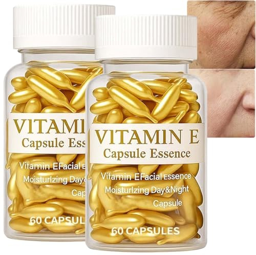 Vitamin-E-Serum-kapslar för ansiktet, 60 mjukgelkapslar, Anti-Aging-nattserum, utjämnande, fuktgivande och vårdande ansiktessens, Vitamin-serum mot pigmentfläckar strålande (2ST)