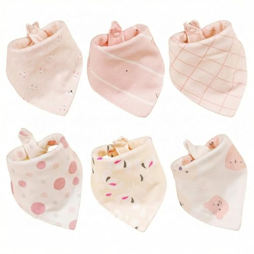 Satiskid Pack de 6 baberos para bebé, 100% algodón, pañuelos triangulares supersuaves y pañuelos para el cuello, baberos absorbentes para niñas y niños (0-36 meses), lavables y ajustables