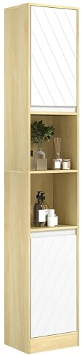 HOMCOM Armario de Baño Alto, Columna de Baño Estrecha con 2 Puertas y 2 Estantes Abiertos, para Espacios Pequeños, 30x24x170 cm, Roble y Blanco