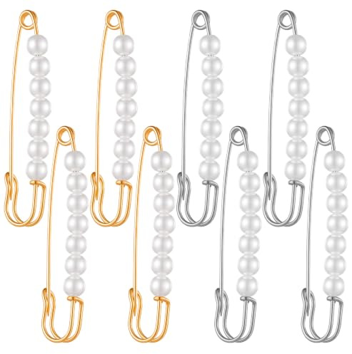 JJUNW 8 stycken pärlbroscher, stora säkerhetsnålar med pärlor moderna gyllene broschnålar brosch damer silver säkerhetsnål klämma för kläder pullover dukar kjolar